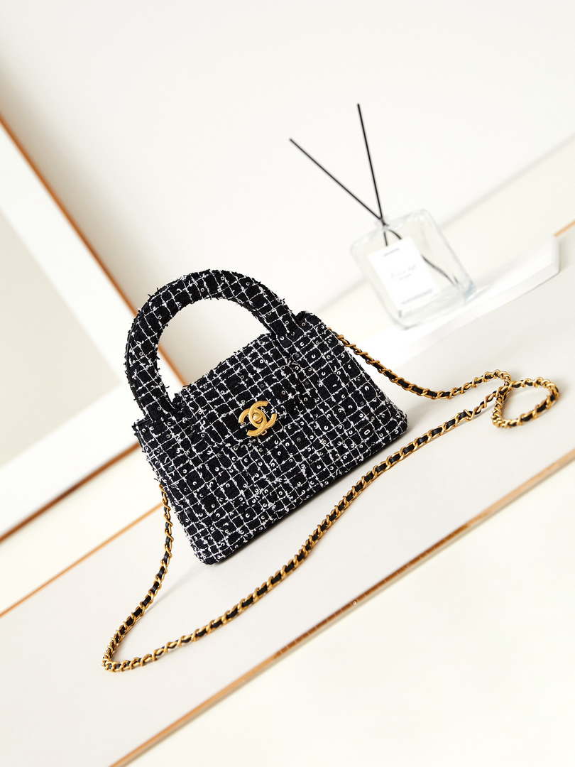 Chanel AS4416 Mini Shopping Bag Cotton Tweed White Black