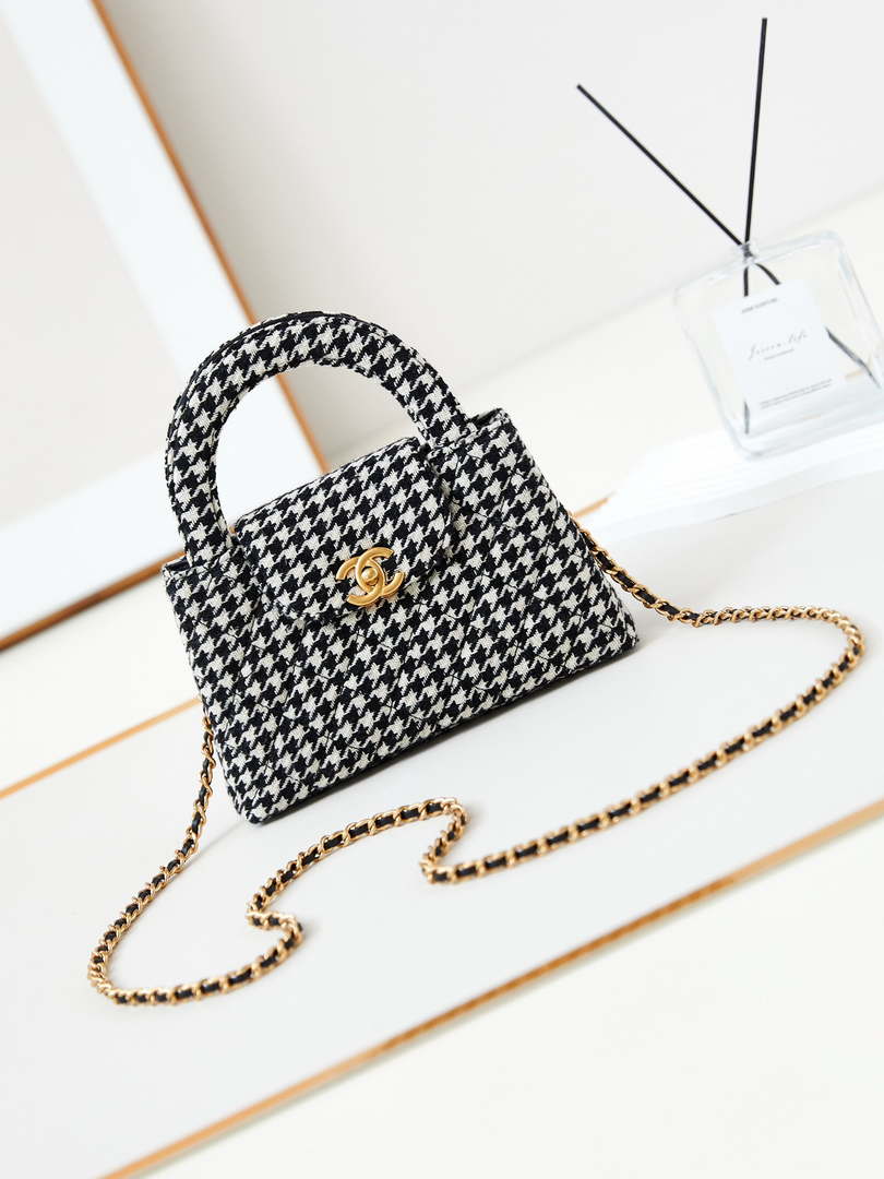 Chanel AS4416 Mini Shopping Bag Houndstooth Fabric White Black