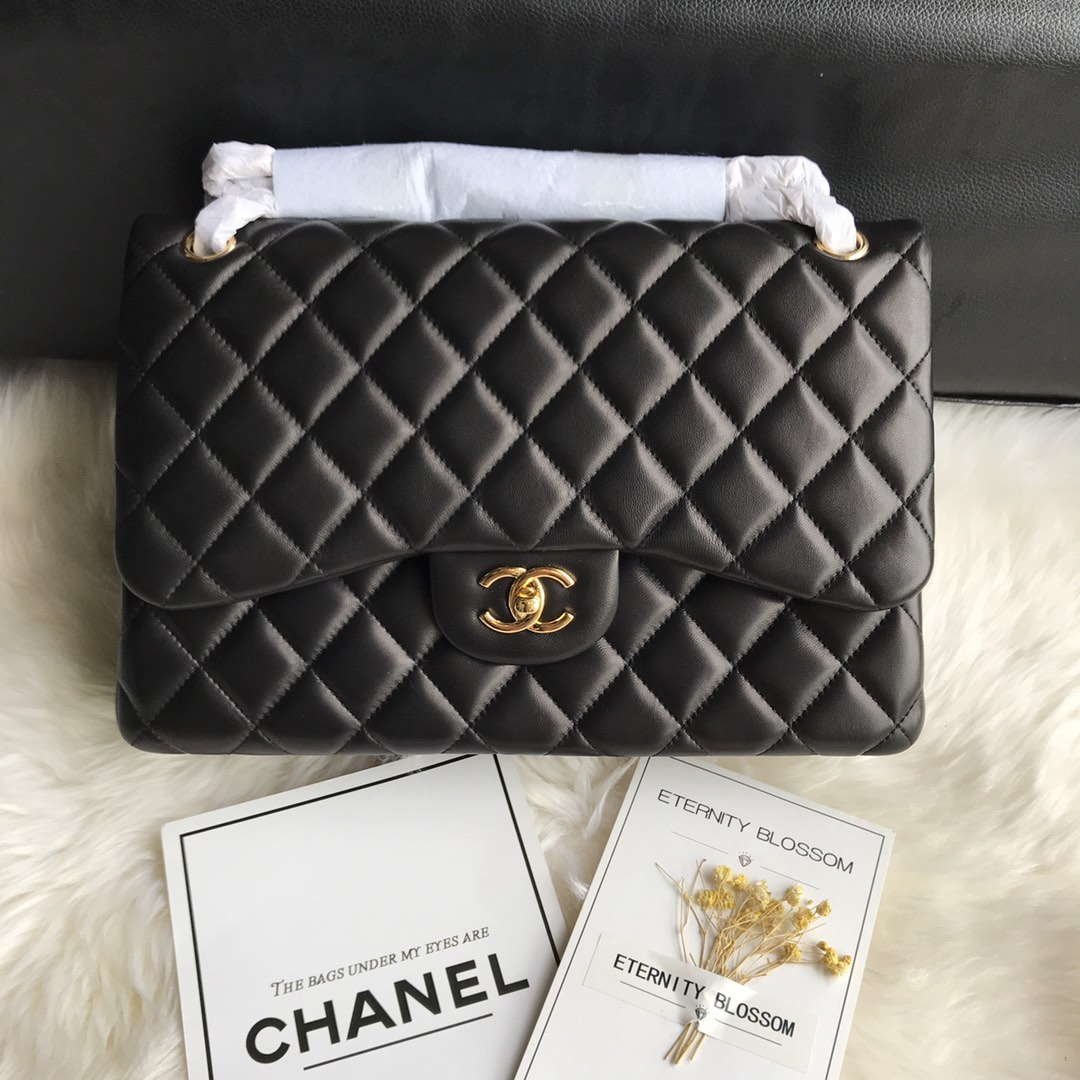 Chanel CF A01113 Jumbo Classic Flap Bag Lambskin Gold Black