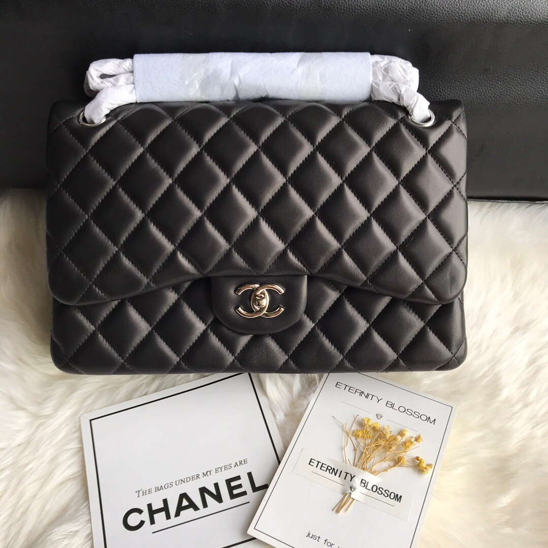 Chanel CF A01113 Jumbo Classic Flap Bag Lambskin Silver Black