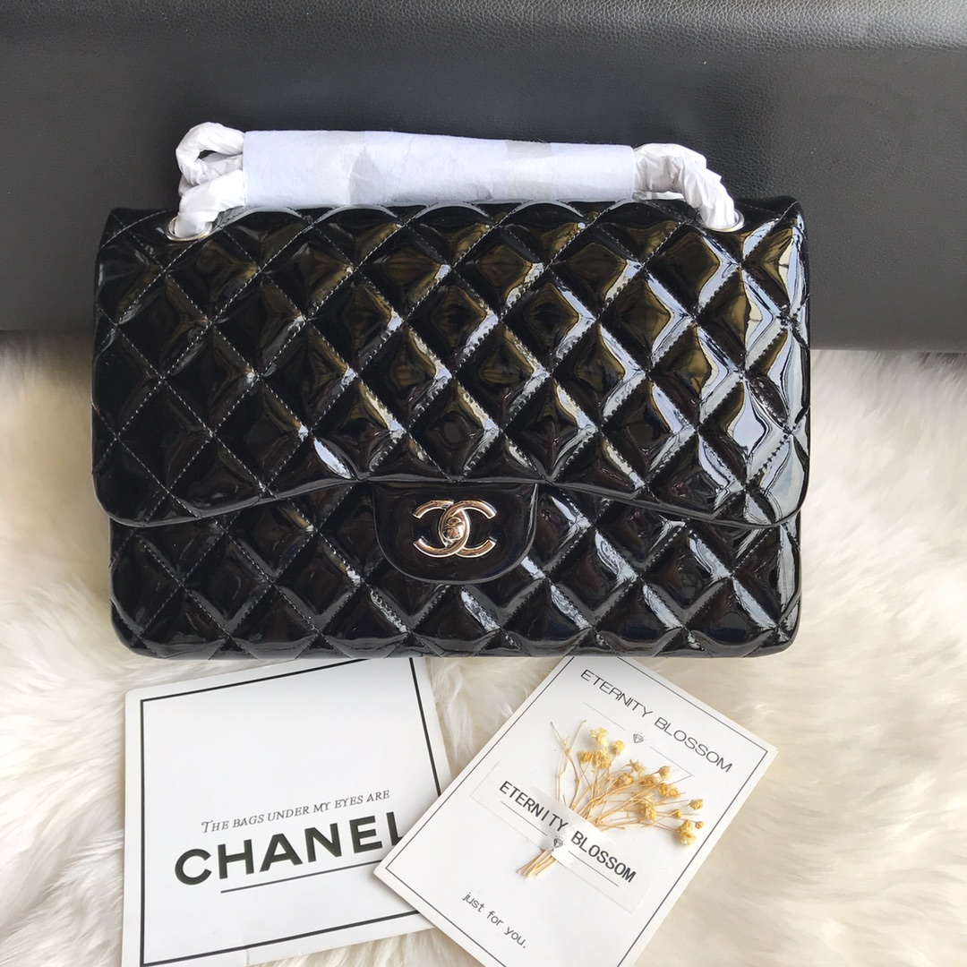 Chanel CF A01113 Jumbo Classic Flap Bag Patent Leather Silver Black