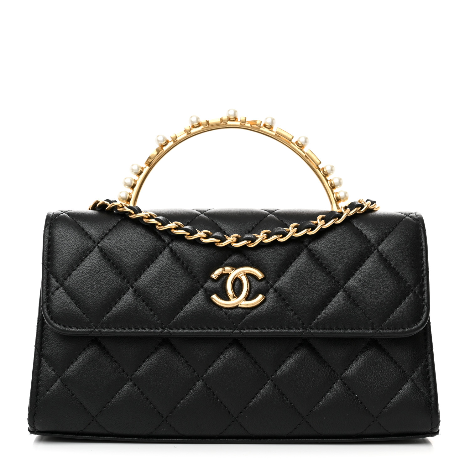 Chanel Top Handle Flap Phone Holder With Chain Black